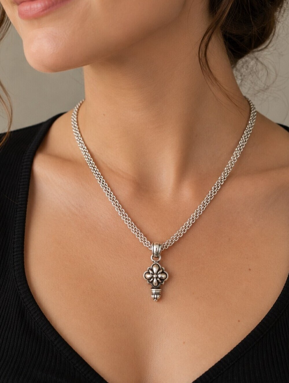 VTG BRIGHTON Silver Plated Floral Castlecore Pendant Necklace